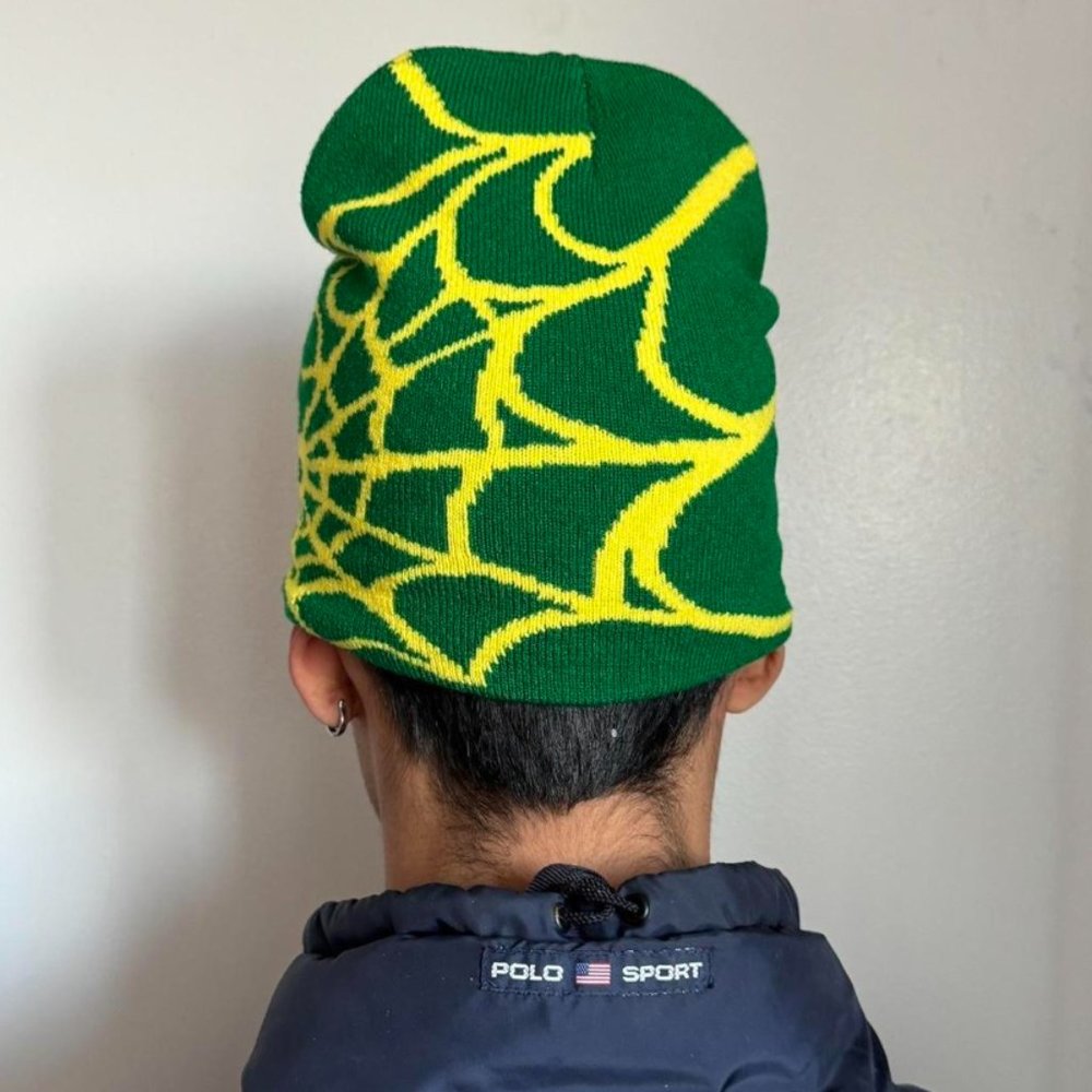Y2K 2000s grunge gothic spiderweb green and yellow beanie